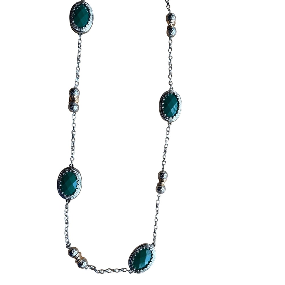 NY New York Company Emerald Green Station Necklace Silver Gold Tone Long